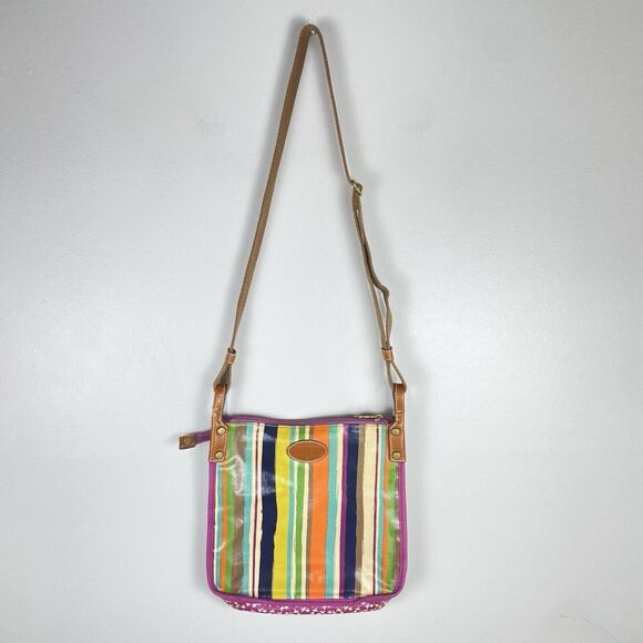 Fossil Coated Canvas Crossbody Bag Purse Multicolor Rainbow Stripes Bag - Picture 2 of 12